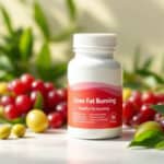 Liver fat burning supplement bottle surrounded by Mediterranean plants like olives, grapes, and green tea leaves, with a healthy liver graphic in the background.