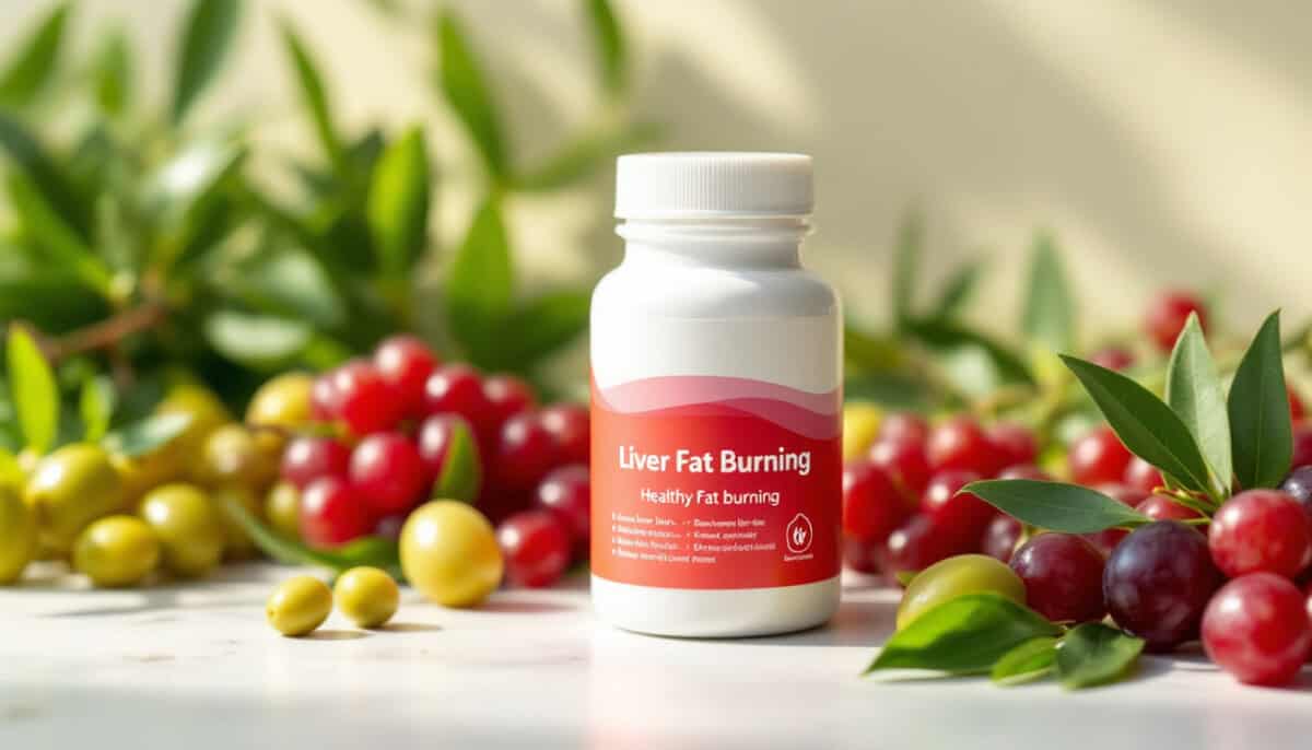 Liver fat burning supplement bottle surrounded by Mediterranean plants like olives, grapes, and green tea leaves, with a healthy liver graphic in the background.