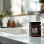 Live Bearded Beard Butter on bathroom sink with folded towel and bearded man in mirror reflection, daily beard grooming product in natural setting.