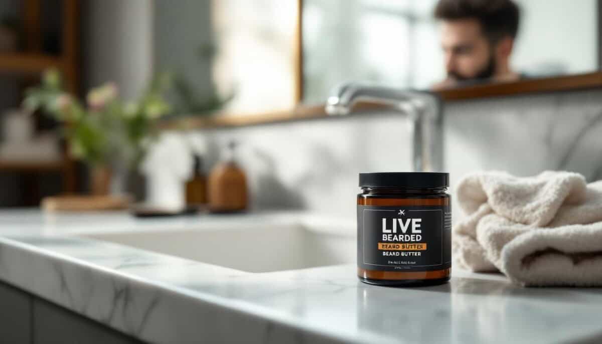 Live Bearded Beard Butter on bathroom sink with folded towel and bearded man in mirror reflection, daily beard grooming product in natural setting.
