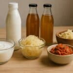 Learn more about probiotics and digestive health. Probiotic foods like yogurt, kefir, sauerkraut, kimchi, and kombucha displayed on a kitchen table, supporting digestive health.